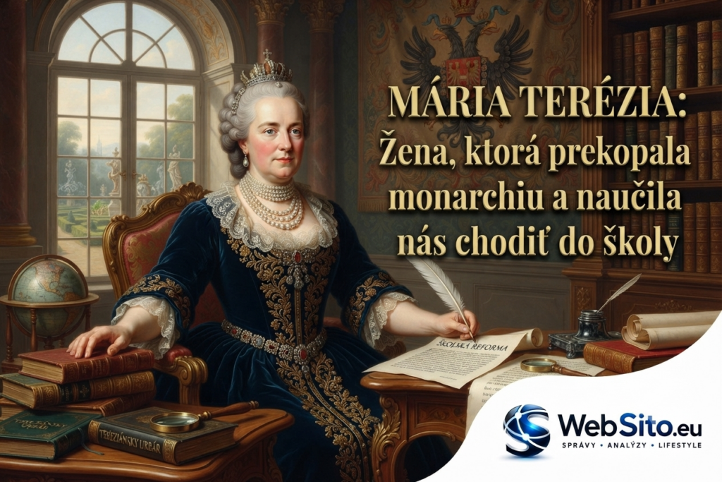 Historický portrét panovníčky Márie Terézie pri písaní školských reforiem v pracovni s nápisom Mária Terézia: Žena, ktorá prekopala monarchiu a naučila nás chodiť do školy.