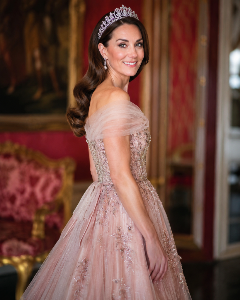 Umelecký portrét princeznej Kate v elegantných princeznovských šatách s tiarou v honosnom palácovom interiéri.