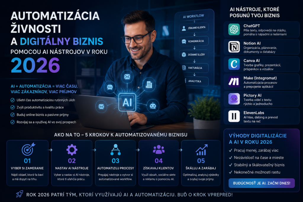 Automatizácia živnosti pomocou AI a vyšší zisk | 2026 Automatizácia živnosti a digitálny biznis pomocou AI nástrojov v roku 2026 – podnikateľ využíva umelú inteligenciu na automatizáciu procesov a rast online podnikania.