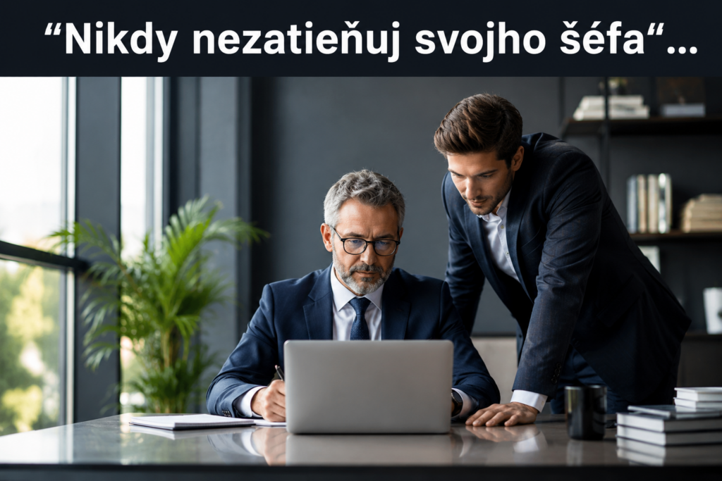Manažér a zamestnanec v kancelárii – pravidlo „Nikdy nezatieňuj svojho šéfa“ ako symbol firemnej stratégie a budovania kariéry.