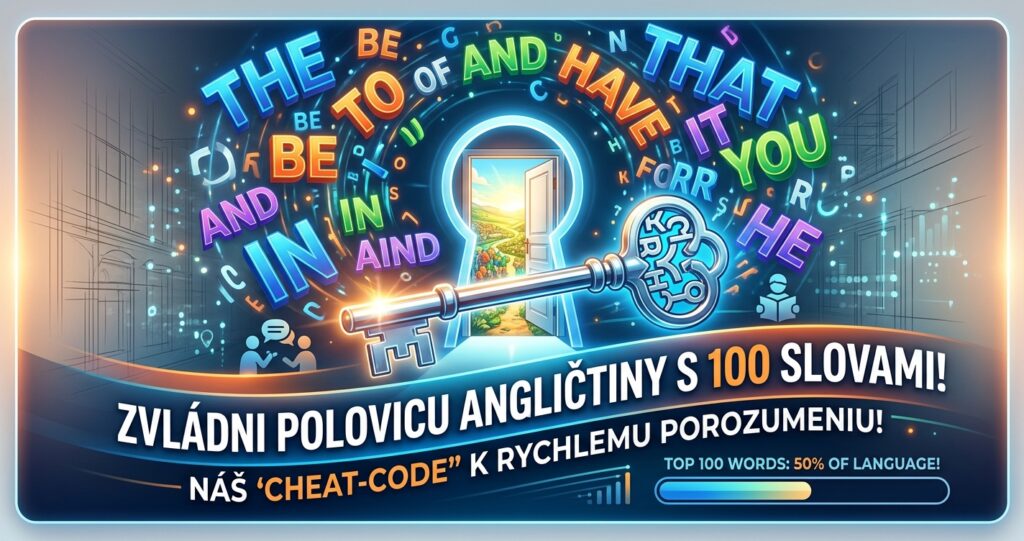 ZVLÁDNI POLOVICU ANGLIČTINY S 100 SLOVAMI!" and a 50% language progress bar.