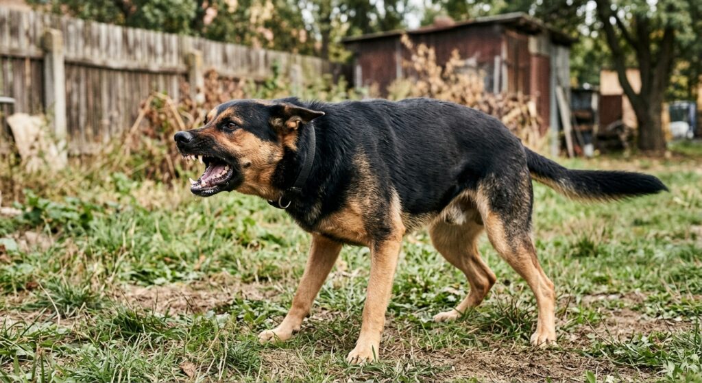 Agresívny čierny s hnedým pes vrčí a cerí zuby na zarastenej záhrade.