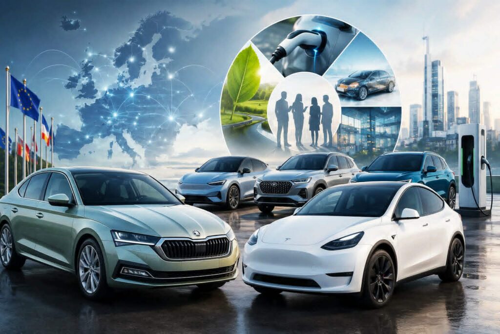 Najpredávanejšie autá v Európe: Kto kraľuje v roku 2026? Moderné autá na európskom trhu symbolizujúce konkurenciu medzi elektromobilmi, hybridmi a tradičnými automobilkami.