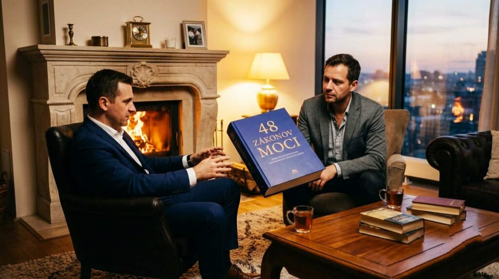 Dvaja muži v oblekoch sedia v elegantnej obývačke pri krbe, pričom jeden z nich drží v rukách nadrozmernú modrú knihu s textom „48 zákonov moci“.