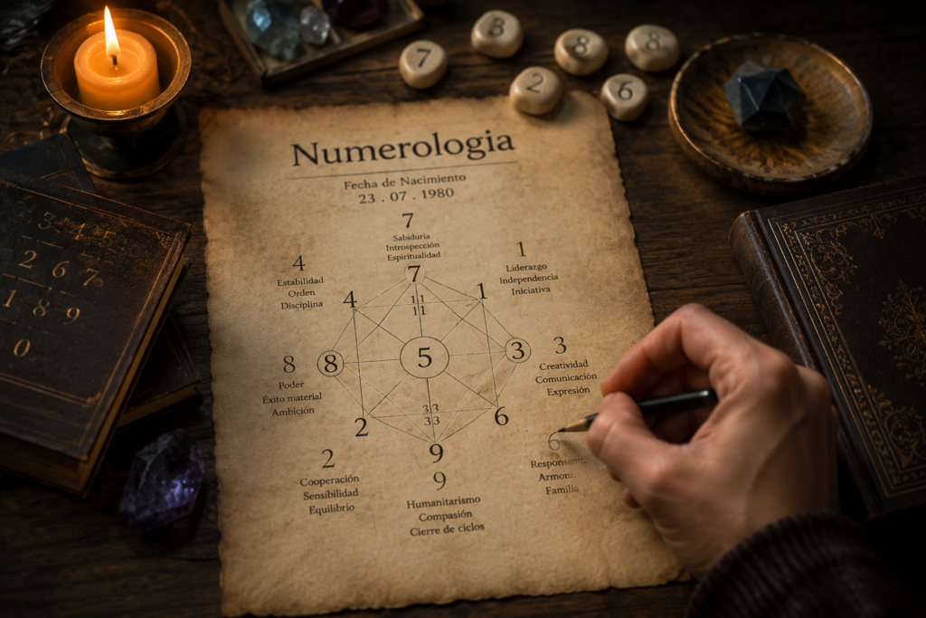 Numerologická analýza dátumu narodenia s číslami, numerologickou tabuľkou, sviečkou, kryštálmi a starobylými knihami
